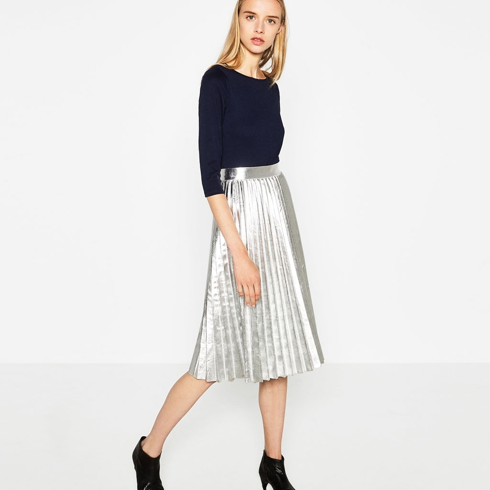 Silver Metallic Pleated Skirt